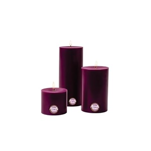 first row aromatic fables charley scented purple color pillar wax candles with fiber tray stand size 4x3x2 inch set of 3