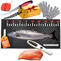 Fish Fillet Mat Kit with Fish Ruler Decal and Fillet Knife, Cutting Gloves. Large 28"x14" Nonslip Fish Cleaning Mat that Grips the Fish - Durable & Easy to Clean, Portable Fish Cutting Board