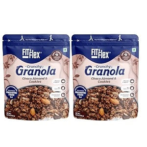 fit amp flex baked crunchy chocolate cookies amp almond granola oat rich cereal with high protein and fibre ready to eat granola for breakfast - as seen on shark tank india - 450 g pack of 2
