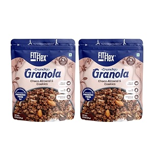 fit amp flex baked crunchy granolachocolate cookies amp almondoat rich cereal with high protein and fibreready to eat healthy granola for breakfast - chocolate snacks - 275 gm - pack of 2