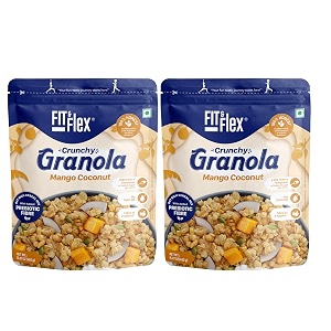 fit amp flex baked crunchy granola  mango coconut oat rich cereal with high protein and fibre  ready to eat healthy granola for breakfast  real freeze dried fruits snacks-450 gm pack of 2