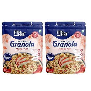 fit amp flex baked crunchy granola mixed fruit oat rich cereal with high protein amp fibre ready to eat granola for breakfast real freeze dried fruits snacks as seen on shark tank india 450 gm pack of 2