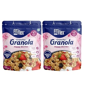 fit amp flex baked crunchy granola  happy berries oat rich cereal with high protein and fibre  ready to eat healthy granola for breakfast  real freeze dried fruits snacks  450 gm pack of 2
