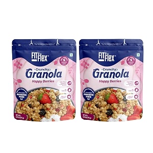 fit amp flex baked crunchy happy berries granola  oat rich cereal with high protein and fibre  ready to eat healthy granola for breakfast  as seen on shark tank india  275 g - pack of 2