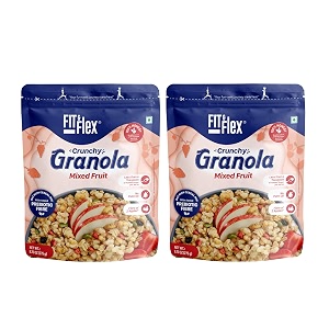 fit amp flex baked crunchy mixed fruit granola oat rich cereal with high protein and fibre ready to eat granola for breakfast - as seen on shark tank india - 275 g - pack of 2