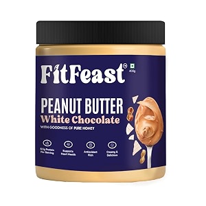 fitfeast white chocolate peanut butter  400g each  pack of 4  dessert-like taste  no trans fats  no hydrogenated oils  naturally sweetened with eucalyptus honey  7g protein per serving  ideal nut butter for all  20g protein per 100g  low added sugar  as seen on shark tank