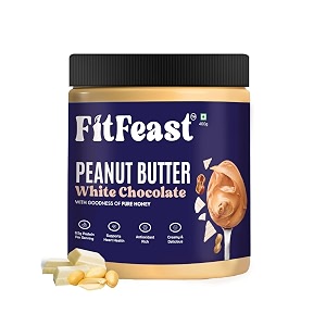 fitfeast white chocolate peanut butter  400g  pack of 1  dessert-like taste  no trans fats  no hydrogenated oils  naturally sweetened with eucalyptus honey  7g protein per serving  ideal nut butter for all  20g protein per 100g  low added sugar  as seen on shark tank