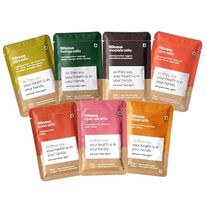 fitlicious assorted sattu powder  bihari chana sattu  natural amp without preservative  gluten-free non-gmo  high protein amp fiber  instant premix  healthy drink for all ages  pack of 7 x 40g sachets