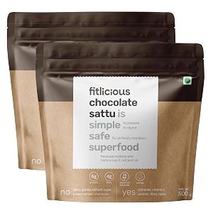 fitlicious chocolate sattu  no artificial flavors amp without preservative  ready to drink  fiber-rich amp high protein  gluten free  roasted gram atta bihar ka chana sattu  instant summer drink  all age group  500g - pack of 2
