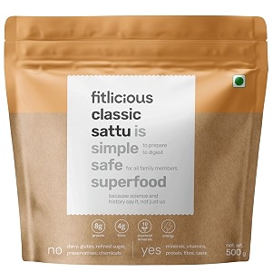 fitlicious classic sattu  roasted gram atta  fiber-rich amp high protein  no artificial flavors amp without preservative  gluten free  traditional bihar ka chana sattu  instant drink mix  all age group  non-gmo 500g - pack of 1