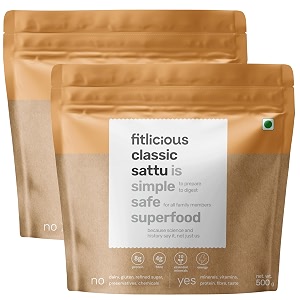 fitlicious classic sattu  roasted gram atta  fiber-rich amp high protein  no artificial flavors amp without preservative  gluten free  traditional bihar ka chana sattu  instant drink mix  all age group  non-gmo  500g - pack of 2