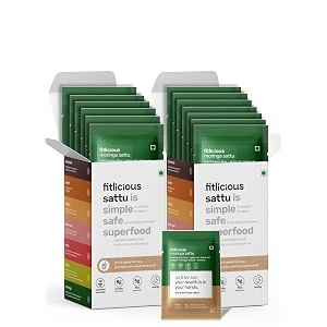fitlicious moringa sattu  high-protein gluten-free fiber-rich  traditional cooling summer drink  no artificial flavors  non-gmo  chana sattu  sattu ka atta  all age group  instant food drink  pack of 14 sachets  40 gms each