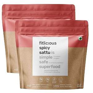 fitlicious spicy sattu  roasted gram flour  high-protein amp fiber-rich  no artificial flavors amp without preservative  gluten-free  chana sattu  instant spicy refreshing drink powder  non-gmo  all age group 500g  pack of 2-1kg
