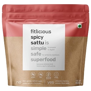 fitlicious spicy sattu  roasted gram flour  high-protein amp fiber-rich  no artificial flavors amp without preservative  gluten-free  chana sattu  instant spicy refreshing drink powder  non-gmo  all age group  500g  pack of 1