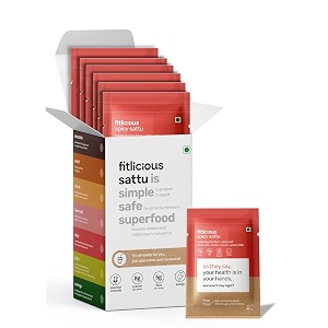 fitlicious spicy sattu  roasted gram flour  high-protein amp fiber-rich  no artificial flavors amp without preservative  gluten-free  chana sattu  instant spicy refreshing drink powder  non-gmo  all age group  pack of 7 - 40g each