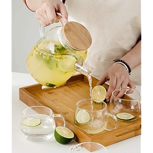 glass water jug with wooden lid drinking beverage pitcher with cap 2 litre set of 1