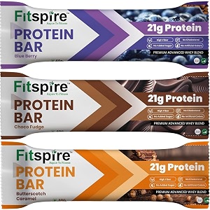 fitspire protein bar 60g- assorted pack of 3-21g protein per bar- choco fudge butterscotch caramel and blueberry- high fiber- low sugar- snack for energy and muscle recovery