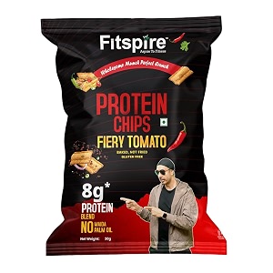 fitspire protein chips fiery tomato flavour- 8g protein high fiber snack- made with pea rice and chickpea protein- baked crunchy chips- no added sugar- healthy guilt-free snacking