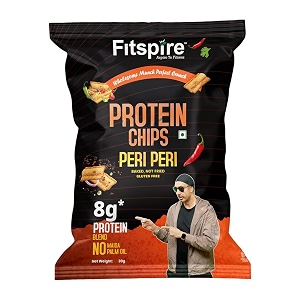 fitspire protein chips peri peri flavour- 8g protein high fiber snack- made with pea rice and chickpea protein- baked crunchy chips- no added sugar- healthy guilt-free snacking