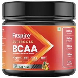 fitspire super gold bcaa supplement 250gm with fruit punch flavour for men women intra-workout helping muscle growth and recovery 19 servings 211 ratio leucine isoleucine valine