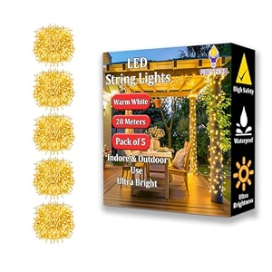 fizzytech plastic 60 led rice light for decoration strip and series light for diwali christmas lights of home decoration bedroom wedding birthday party patio-20 meter pack of 5 warm white
