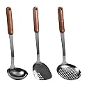 FJNATINH Stainless Steel Wok Spatula,Ladle,Skimmer Ladle Tool Set,Mirror Polished Cooking Utensils with Wooden Handle,Easy to Clean Wok Accessories,Black 3 PCS