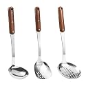 FJNATINH Stainless Steel Wok Spatula,Ladle,Skimmer Ladle Tool Set,Mirror Polished Cooking Utensils with Wooden Handle,Easy to Clean Wok Accessories,Sliver 3 PCS