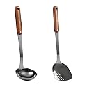 FJNATINH Stainless Steel Wok Spatula and Ladle Tool, Mirror Polished Cooking Utensils Set Metal Wok Accessories with Wooden Handle,Easy to Clean Kitchen Utensils,Black