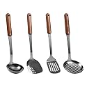 FJNATINH Stainless Steel Wok Spatula,Slotted Spatulas,Ladle,Skimmer Ladle Tool Set,Mirror Polished Cooking Utensils Kitchen Cookware, Pack of 4,Black