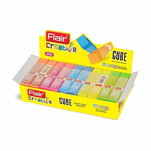 flair creative series cube eraser box pack  neat amp dust free erasing  neon color erasers  stationery gift item for kids amp students  safe for children  5 different body colors  pack of 20 erasers