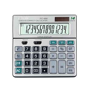 flair fc-450 desktop series basic calculator  14 digits calculator  special keys with key guard  best key layout  dual power with solar  auto replay  99 steps check amp correct  grey pack of 1