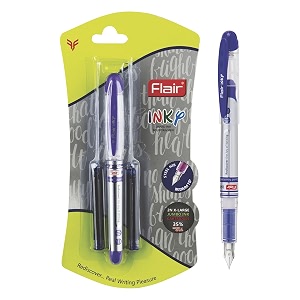 flair inky fountain pen blister pack  stainless steel round tip  free 2 pieces x-large jumbo cartridges each pack  comfortable grip for smooth writing  blue ink pack of 6