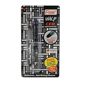 flair inky series ceo liquid ink fountain pen blister pack  ergonomic grip makes it easy to hold  attractive design  free 2 pieces x-large jumbo cartridges with each pack  blue ink pack of 6