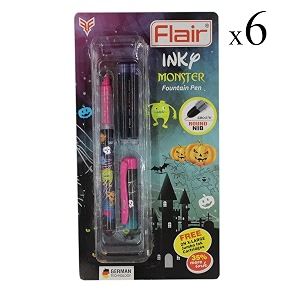 flair inky series monster liquid ink fountain pen blister pack  2 pieces x-large jumbo cartridges with each pack  cute amp stylish pen for kids girls students teens gifts  blue ink pack of 6