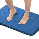 Memory Foam Bath Mat Non Slip Absorbent Super Cozy Velvety Bathroom Rug Carpet (Royal Blue Striped Pattern 17x24-Inches)