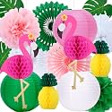 Flamingo Party Decorations, 16 Pcs Hawaiian Party Hanging Decor, Pink Flamingo and Pineapple Honeycomb Balls, Palm Leaves, Paper Fans, Paper Lanterns, Poms Flowers,for Summer Luau Tropical Beach Party
