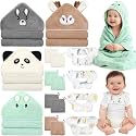 Flasoo 16 Pcs Baby Towels Set for Infants Toddlers, 4 Pcs Hooded Bath Towels, 4 Pcs Cotton Bibs & 8 Pcs Washcloths Set, Absorbent Soft Newborn Gift for Boys & Girls-Elephants, Pandas, Bears & Moose