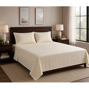 egyptian cotton feel queen size flat bedsheet with 2 pillow covers  800 tc soft amp breathable  ivory solid pattern for bedrooms and hotels use size 90 x 107 inch
