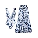 FLAXMAKER Blue and White V Neck Lace Up Strip Plant Prints One Piece Swimsuit and Skirt/Sarong