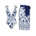 FLAXMAKER Blue and White Adjustable Shoulder Strip Plant Prints One Piece Swimsuit and Skirt/Sarong (US, Alpha, Large, Regular, Regular, Blue #2 Swim and Sarong)