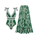 FLAXMAKER Blue and White V Neck Lace Up Strip Plant Prints One Piece Swimsuit and Skirt/Sarong