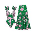 FLAXMAKER Blue and White V Neck Lace Up Strip Plant Prints One Piece Swimsuit and Skirt/Sarong