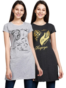 Fleximaa Casual Short Sleeve Printed Women Grey