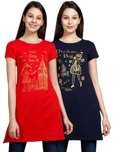 Fleximaa Casual Short Sleeve Printed Women Dark