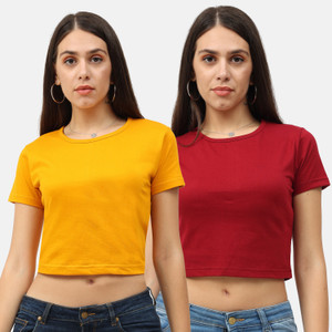 Fleximaa Casual Solid Women Maroon Yellow Top