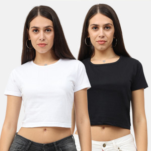 Fleximaa Casual Solid Women White Black Top