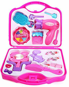 flipboat makeup kit and cosmetic toy set beauty set for kids girls pink with hairdryer mirror  hair styling accessories with a beauty suitcase