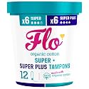 Flo - Organic Cotton Tampons for Women - 12 Pack (6 Super, 6 Super Plus) - Leak Proof - No Synthetic Fibers, Chlorine Bleach, Added Dyes - Bio-Plastic Applicator - Feminine Care - Vegan &amp; Cruelty Free