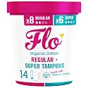 Flo - Organic Cotton Tampons for Women - 14 Pack (8 Regular, 6 Super) - Leak Proof - No Synthetic Fibers, Chlorine Bleach, or Added Dyes - Bio-Plastic Applicator - Feminine Care - Vegan &amp; Cruelty Free