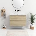 Floating Bathroom Vanity with Sink, 30" Wall-Mounted Vanity with White Ceramic Basin &amp; Woodgrain Finish, Space Saving Small Bathroom Storage Cabinet with 2 Soft-Close Drawers, Light Oak